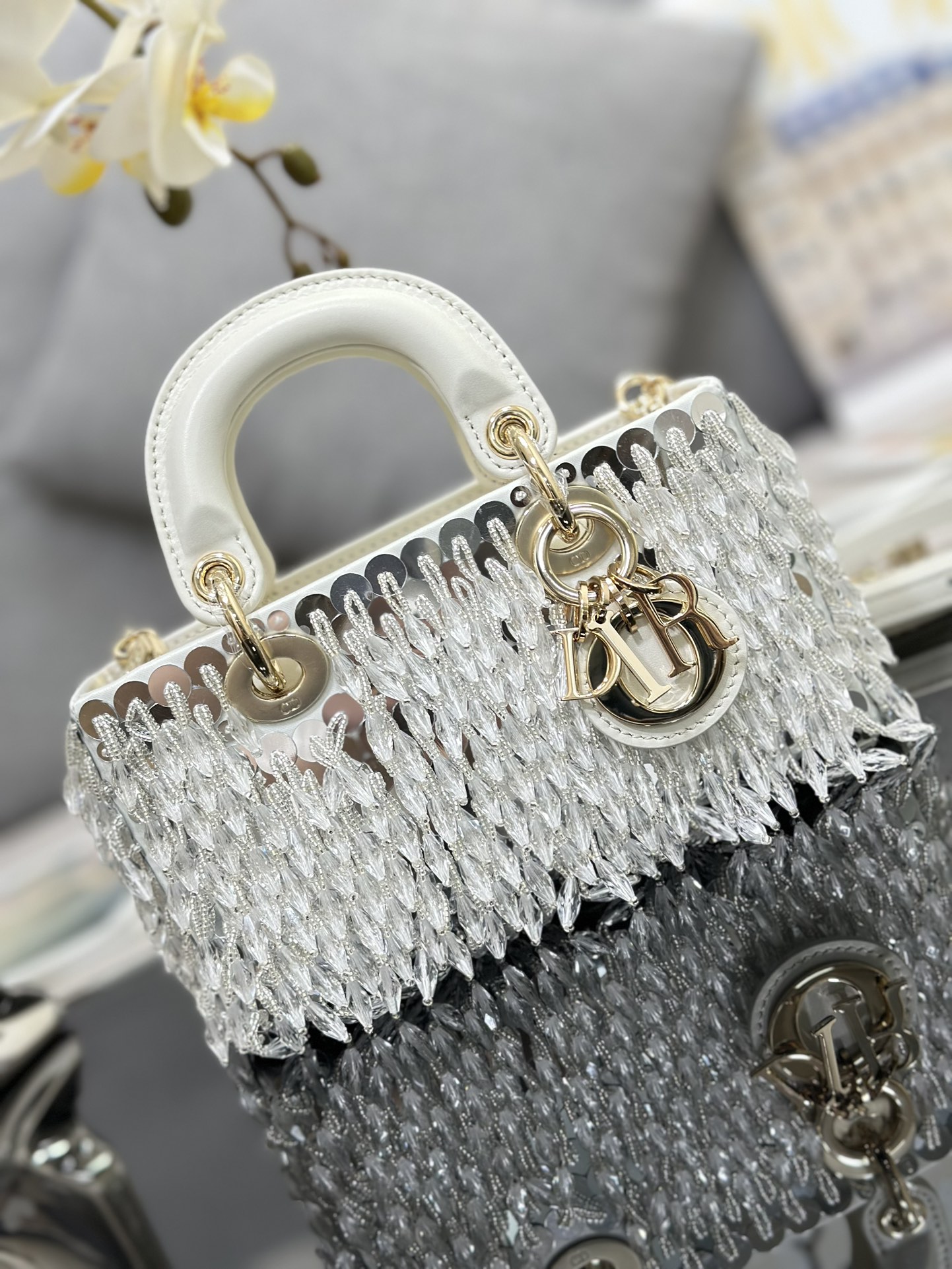 Micro Lady D-Joy Bag Beige Satin Embroidered with Silver Beads Tassel